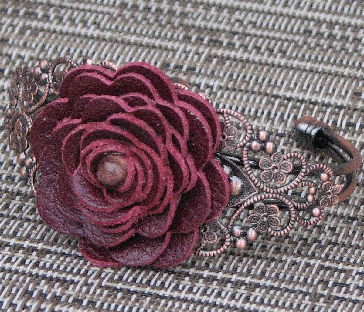 Floral Cuff Bracelet, Wine Leather Rose/Filigree Detailing