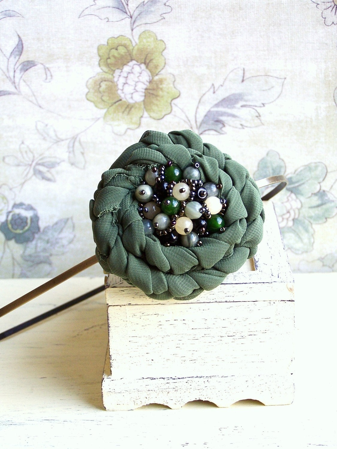 Olives and caviar/ Embroidered fabric rosette headband FREE SHIPPING