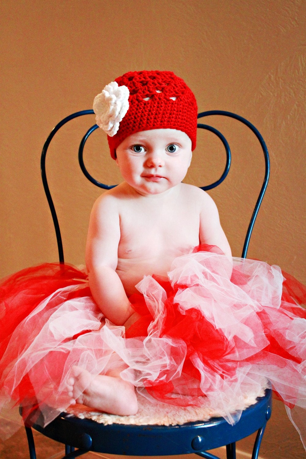 3-6 month Red Ava Beanie with White Ava Flower