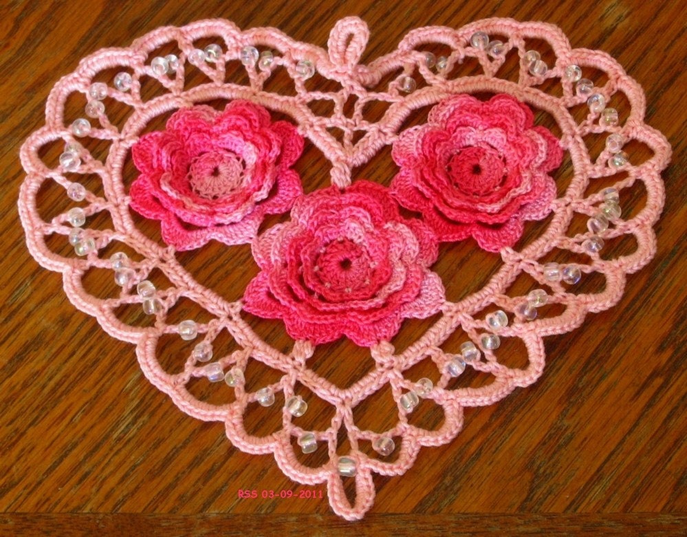 Pink Beaded HEART with 3D Shaded Pink Roses, Irish Crochet Lace, Romantic, Fiber Art, Home Decor, Applique, Pendant