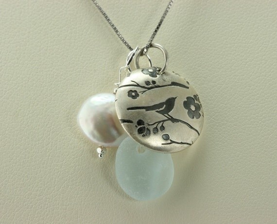 Genuine Sea Glass from England and SS Bird Charm Necklace