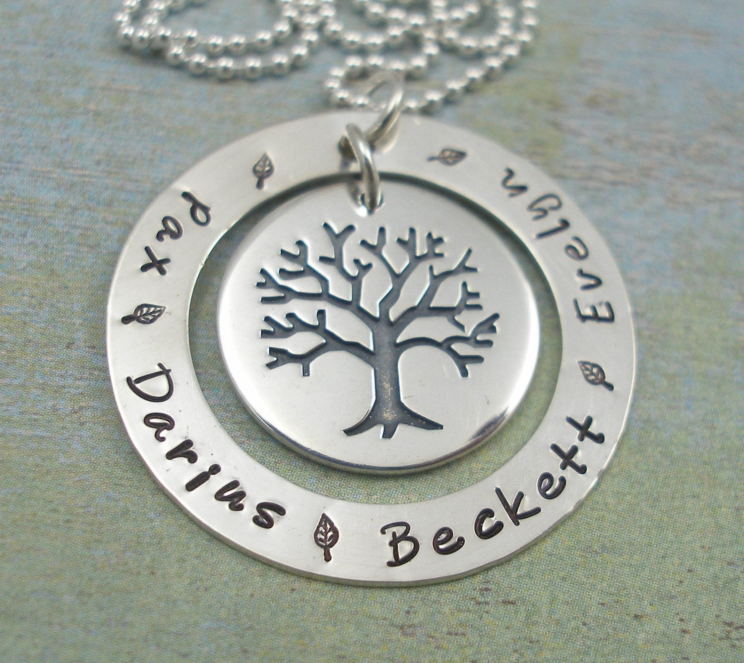 FAMILY TREE...... Hand Stamped Sterling Silver Washer Necklace with Tree Charm