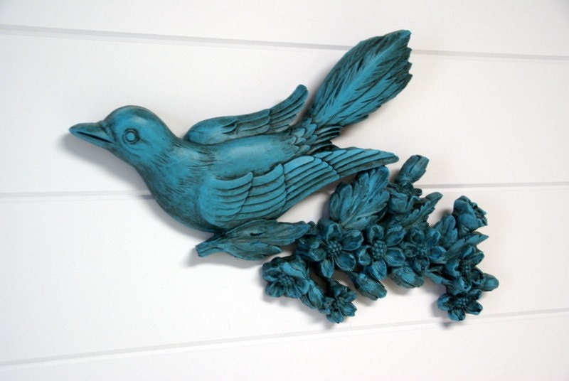Shabby Turquoise Bird and Branch Wall Hanging by speckleddog on Etsy