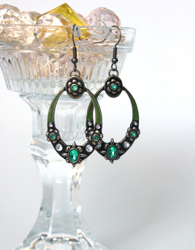 Green Enamel and Gemstone Oval Earrings