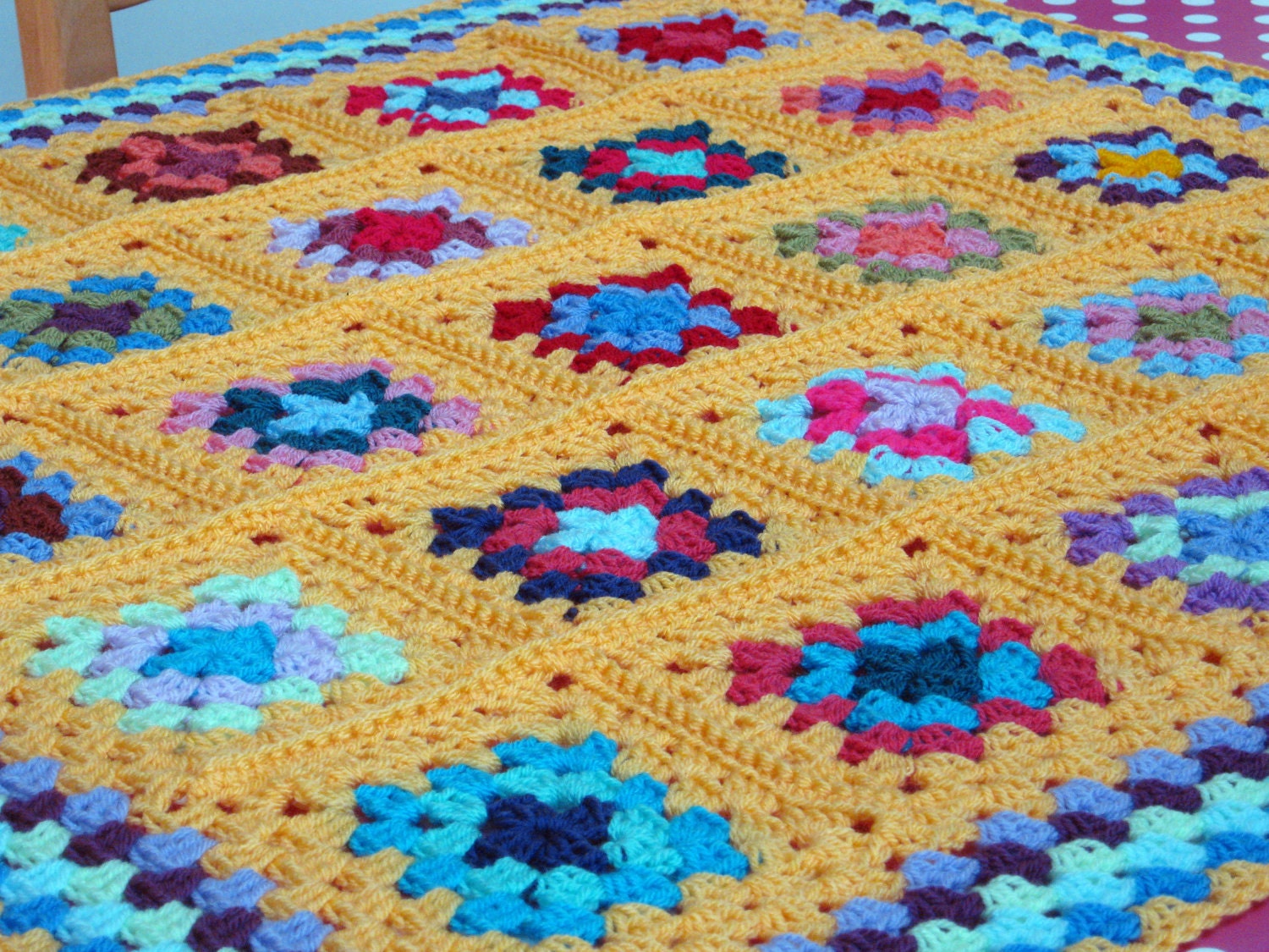 Bright Vibrant SUNSHINE Yellow Crochet Granny Square Blanket Afghan Throw