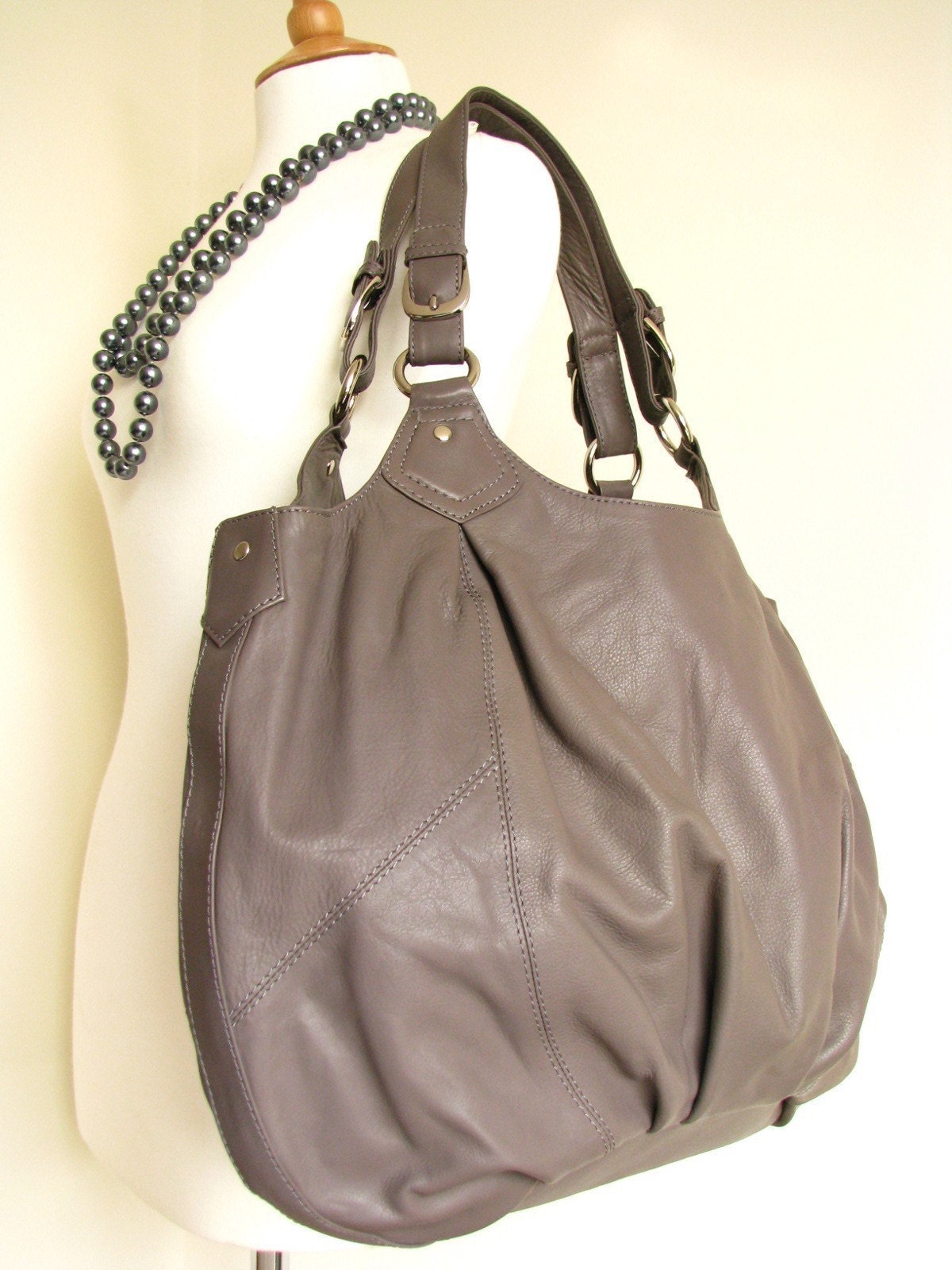 Large Grey Leather Slouchy Bag